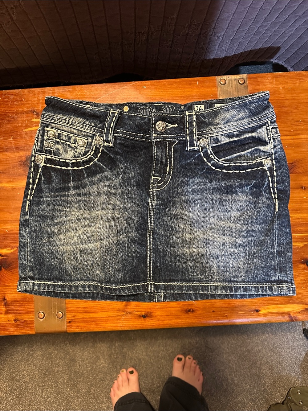 Miss Me Dark Wash Denim Mini Skirt with Contrast Stitching